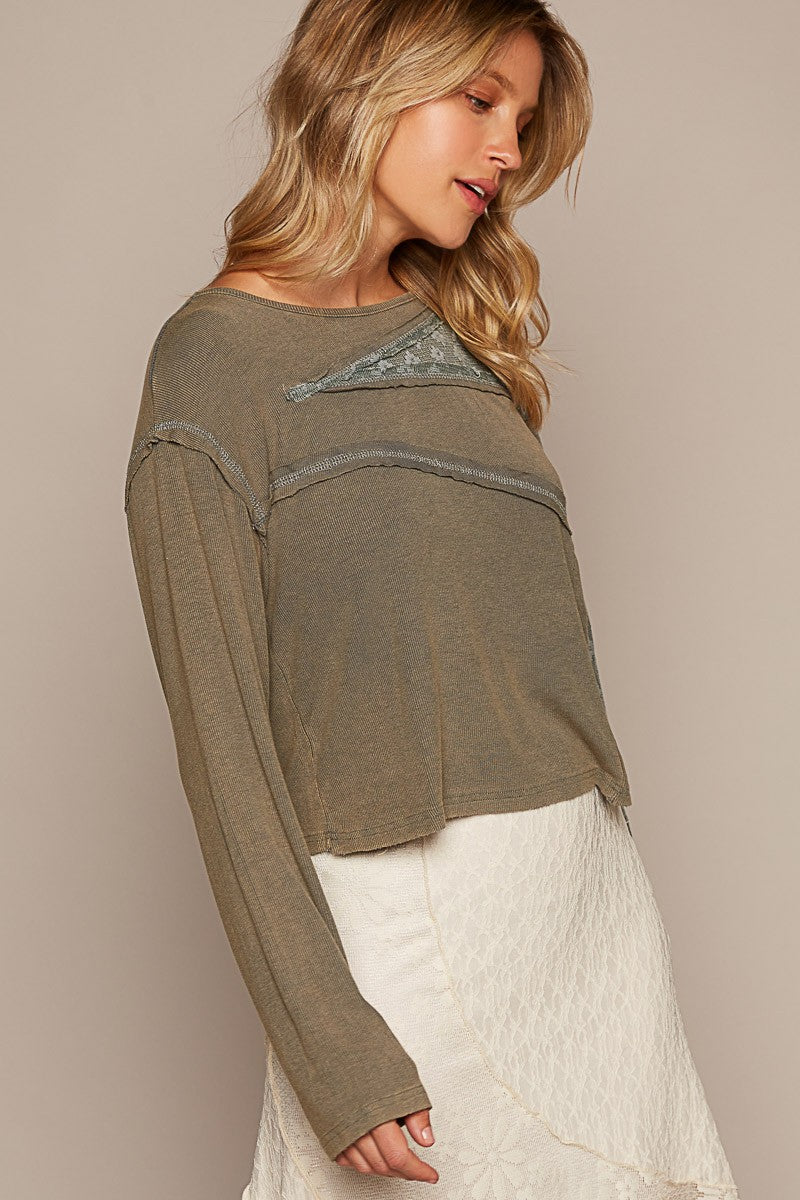 POL Lace Patchwork Round Neck Long Sleeves Ribbed Top
