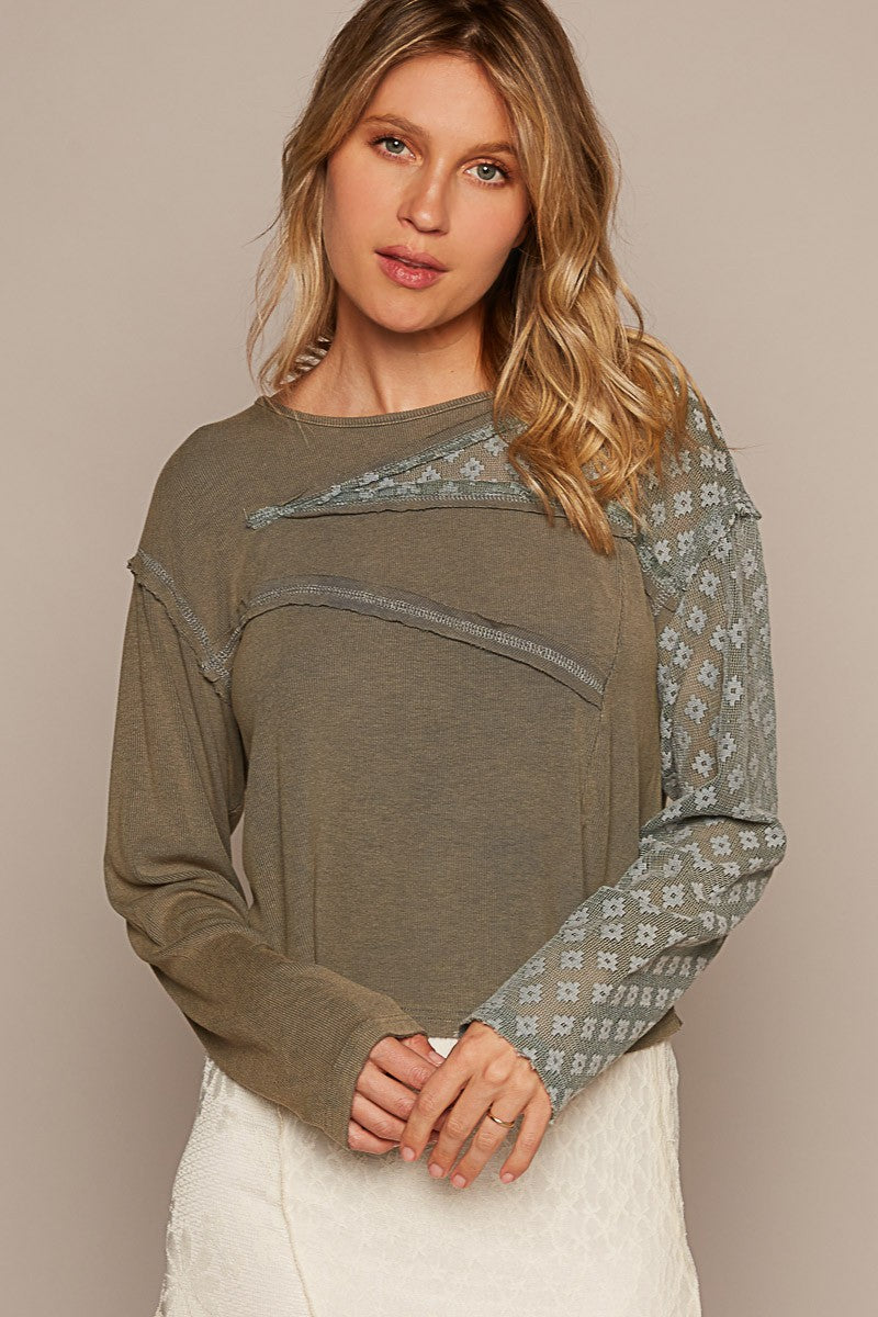 POL Lace Patchwork Round Neck Long Sleeves Ribbed Top