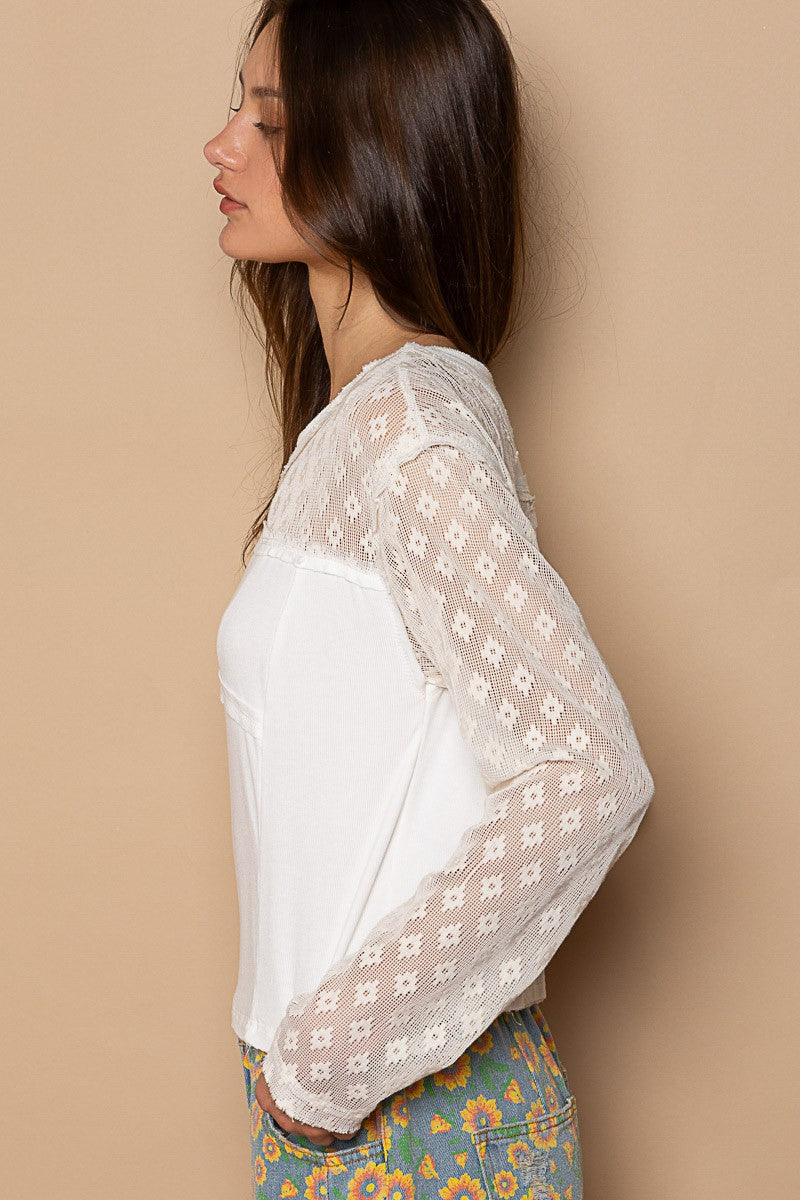 POL Lace Patchwork Round Neck Long Sleeves Ribbed Top