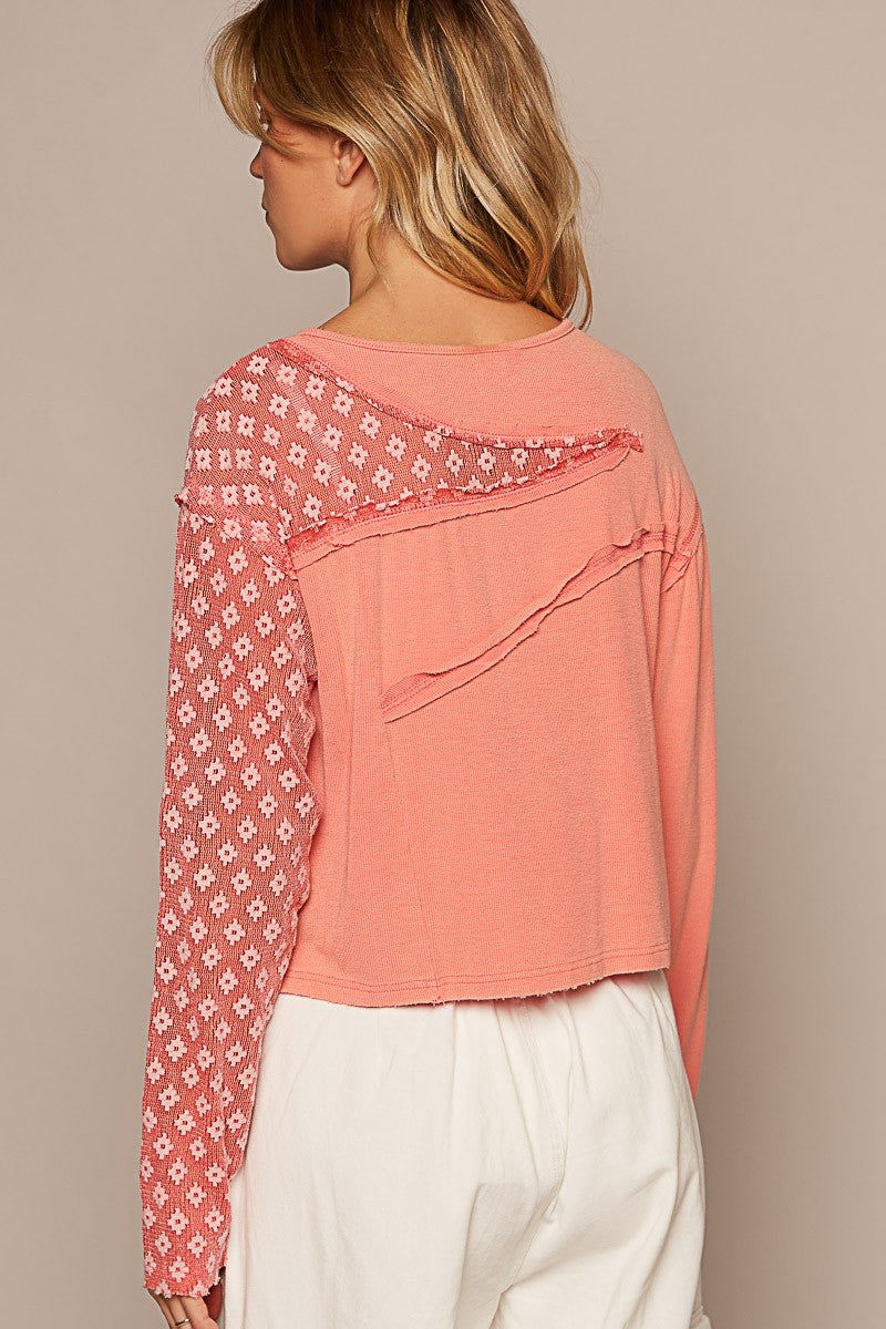 POL Lace Patchwork Round Neck Long Sleeves Ribbed Top