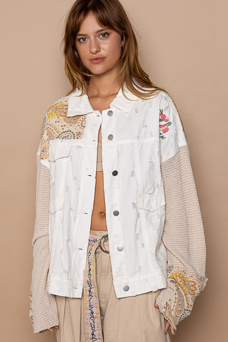 POL Thermal Sleeve Paisley Patch Button Down Shacket Jacket