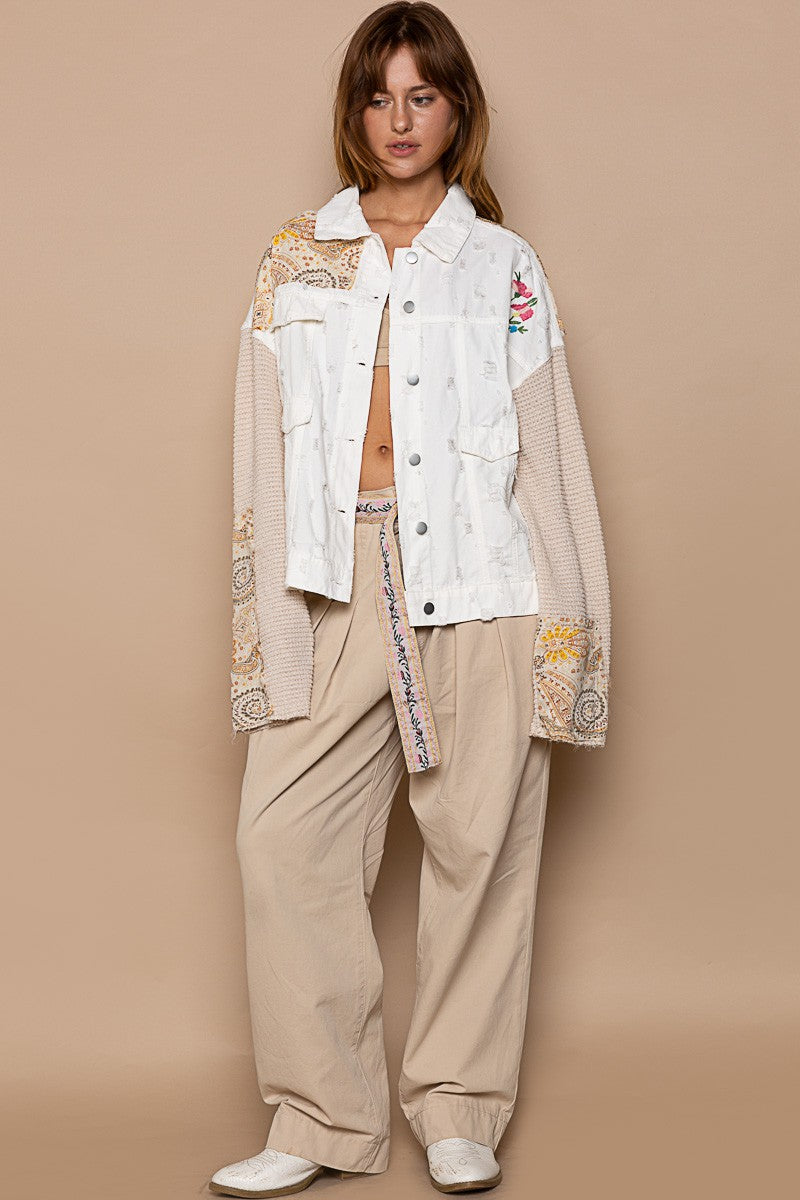 POL Thermal Sleeve Paisley Patch Button Down Shacket Jacket