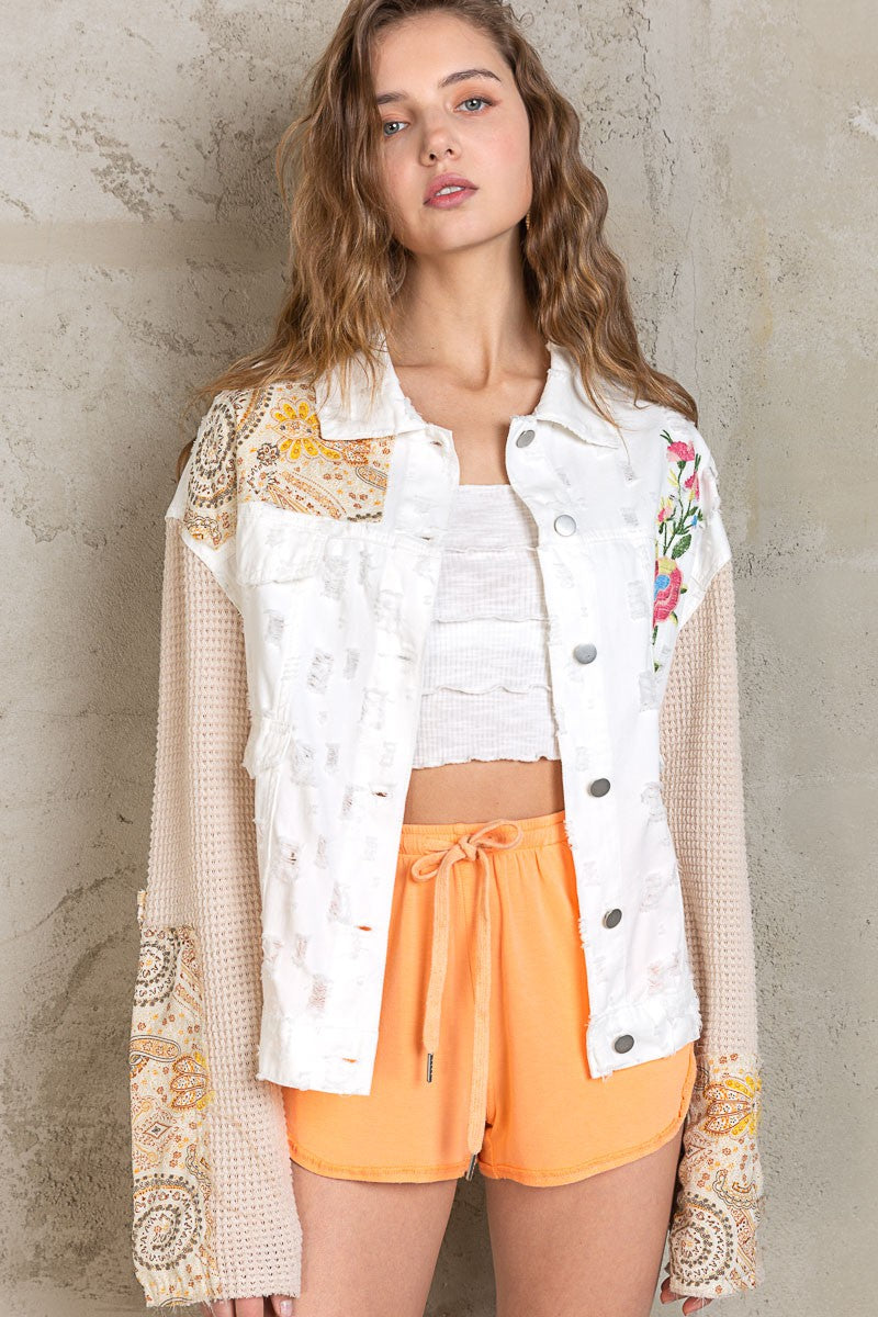 POL Thermal Sleeve Paisley Patch Button Down Shacket Jacket