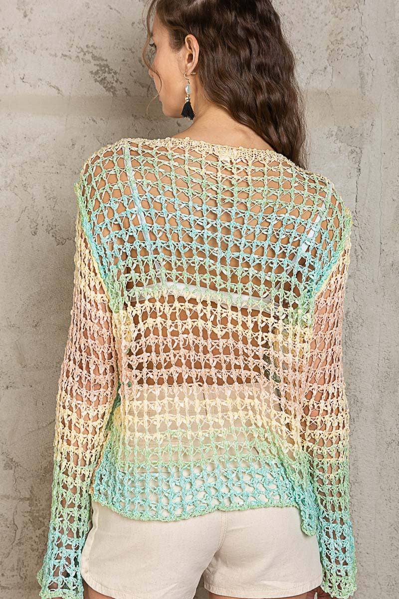 POL Open Weaving Front Center Tie Long Sleeve Sweater Top