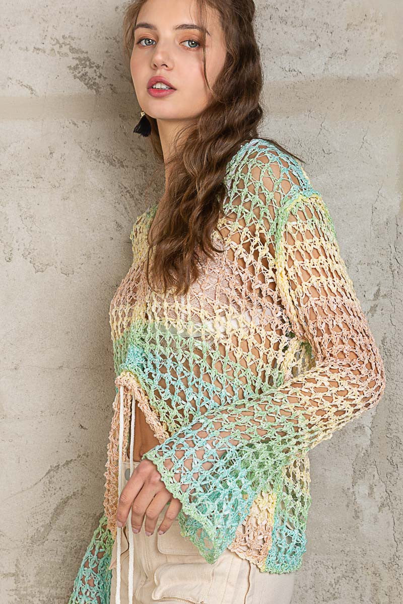 POL Open Weaving Front Center Tie Long Sleeve Sweater Top