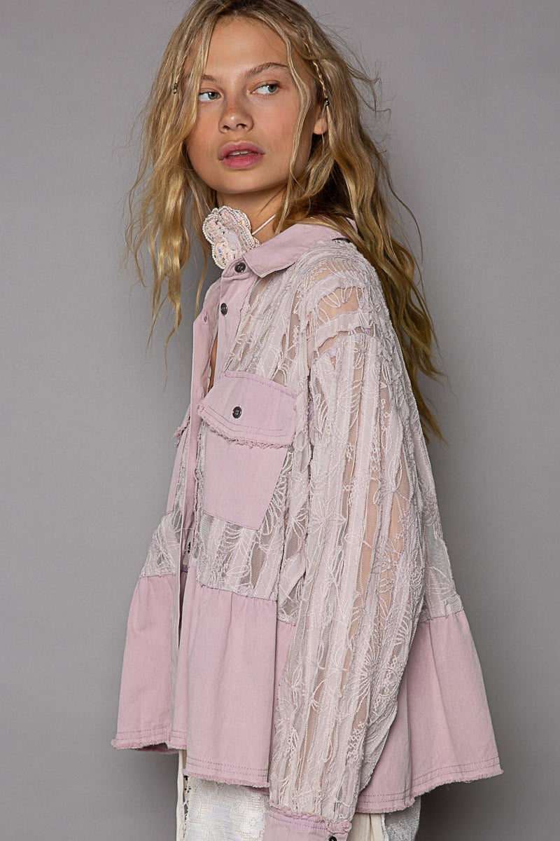 POL Sheer Lace Panels Oversize Button Down Hi-Low Hem Lace Shirt - Roulhac Fashion Boutique