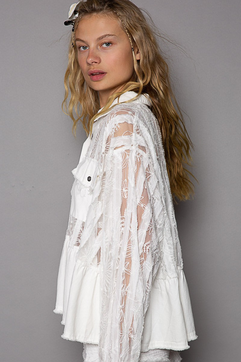 POL Sheer Lace Panels Oversize Button Down Hi-Low Hem Lace Shirt - Roulhac Fashion Boutique