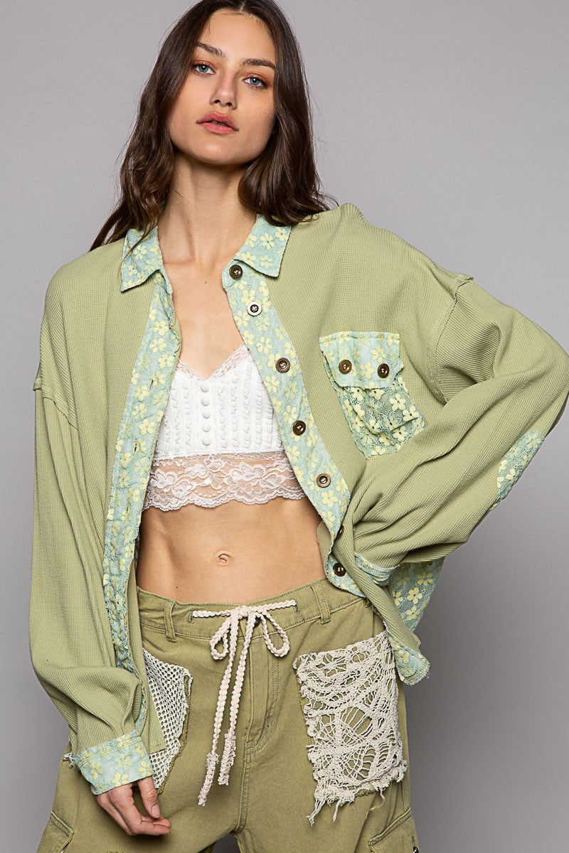 POL Oversize Thermal Contrast Lace Panel Relaxed Fit Shirt Jacket - Roulhac Fashion Boutique