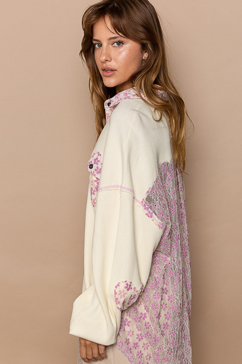 POL Oversize Thermal Contrast Lace Panel Relaxed Fit Shirt Jacket - Roulhac Fashion Boutique