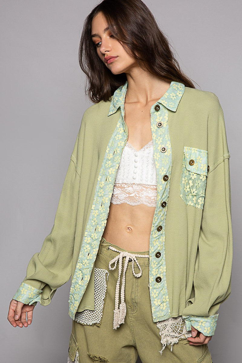 POL Oversize Thermal Contrast Lace Panel Relaxed Fit Shirt Jacket - Roulhac Fashion Boutique