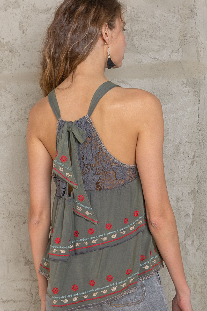 POL Floral Print Embroidery Flowy Hem Back Tie Top