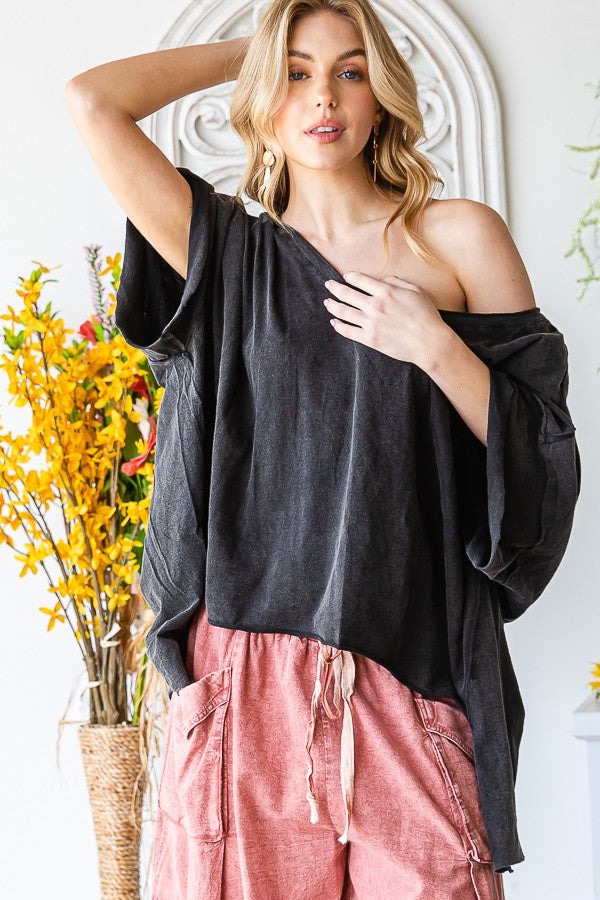 Oli & Hali Mineral Washed V Neck Boxy Raw Hem Tee Top