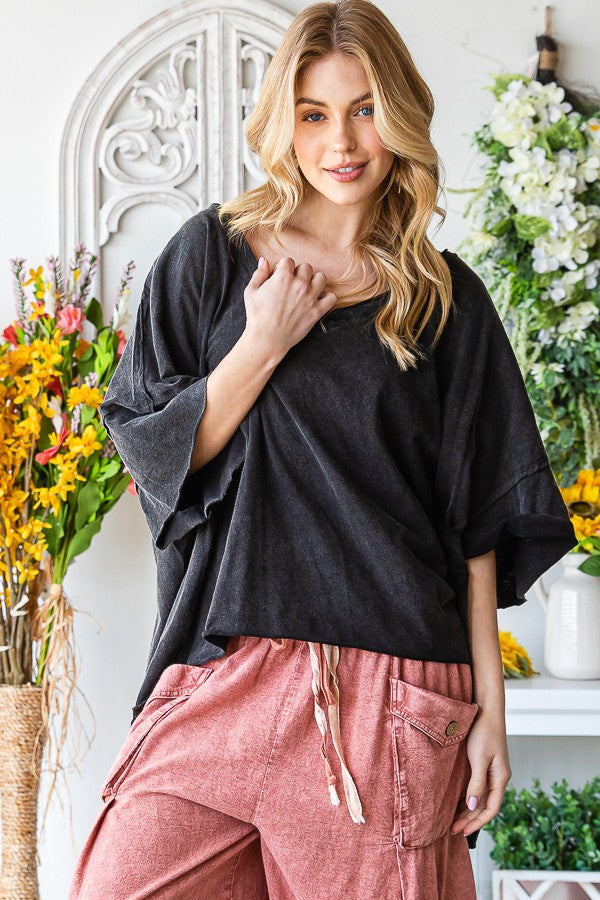 Oli & Hali Mineral Washed V Neck Boxy Raw Hem Tee Top