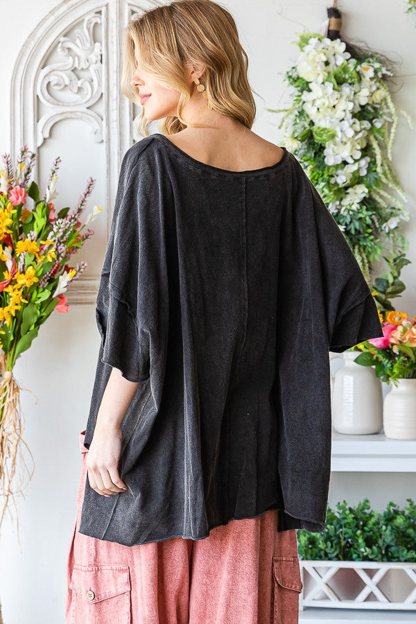 Oli & Hali Mineral Washed V Neck Boxy Raw Hem Tee Top