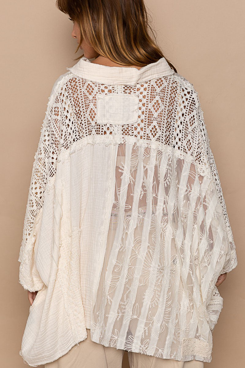 POL Multi Fabric Contrast 3/4 Sleeve Button Down Shirt Top