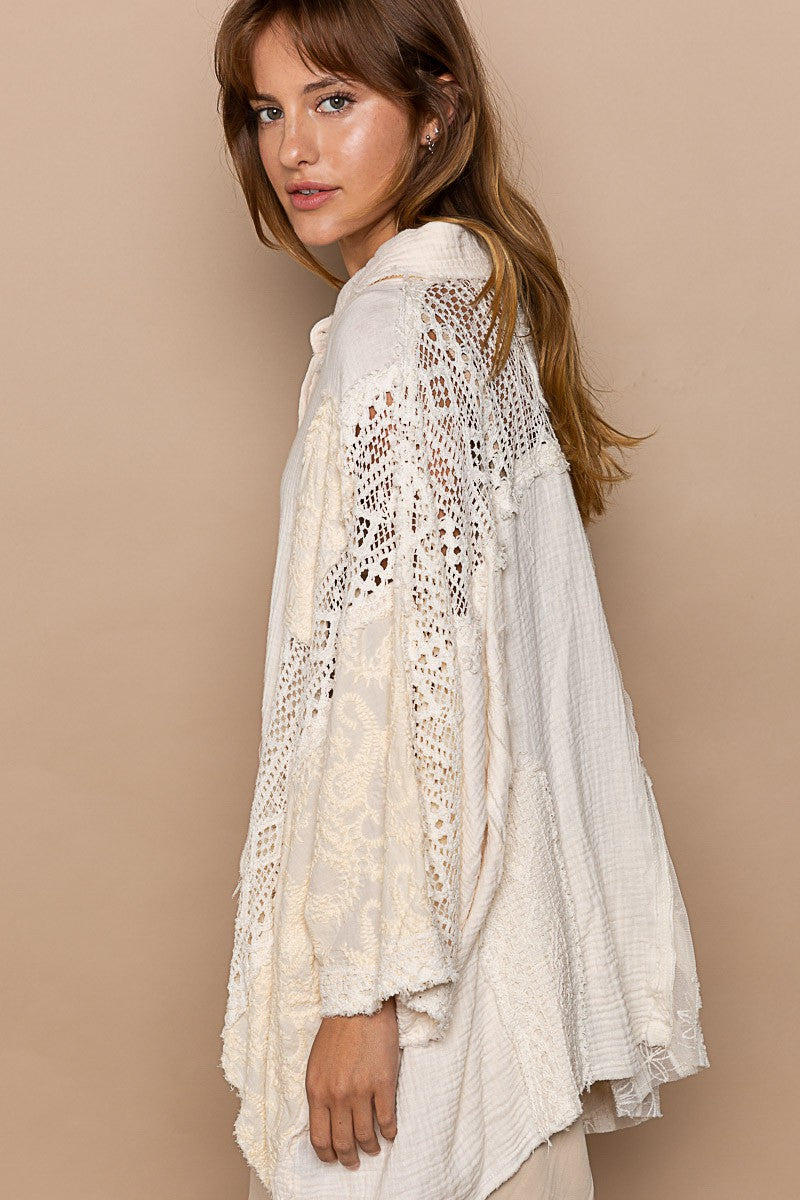 POL Multi Fabric Contrast 3/4 Sleeve Button Down Shirt Top