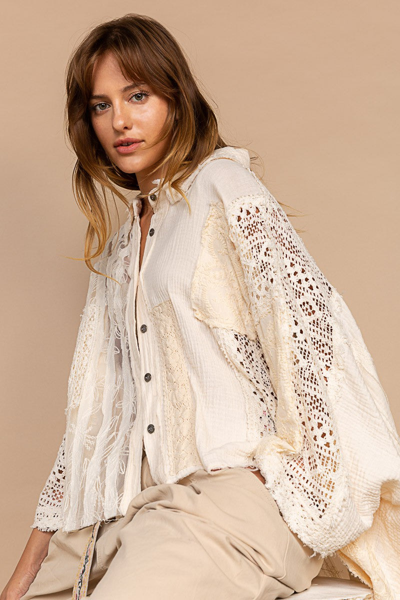 POL Multi Fabric Contrast 3/4 Sleeve Button Down Shirt Top