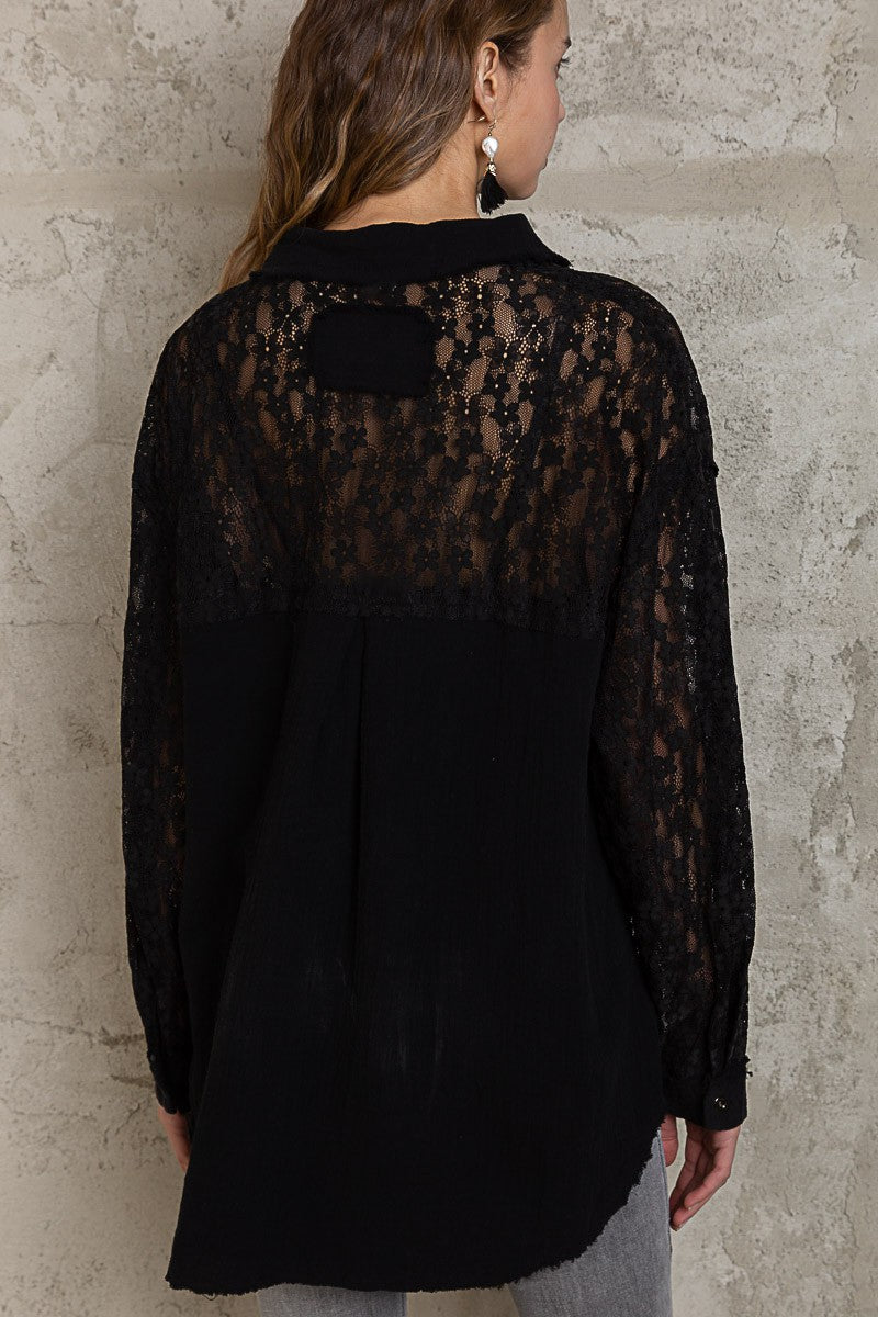 POL Oversize Relaxed Fit Pocket Front Lace Gauze Button Down Shirt