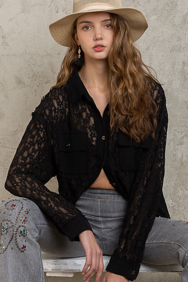 POL Oversize Relaxed Fit Pocket Front Lace Gauze Button Down Shirt