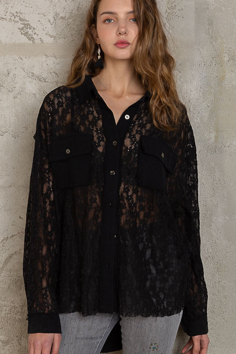 POL Oversize Relaxed Fit Pocket Front Lace Gauze Button Down Shirt