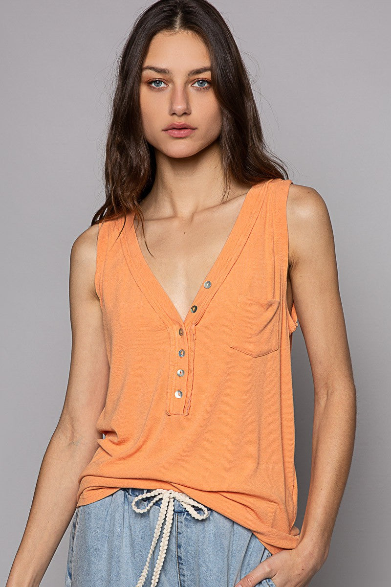 POL Sleeveless V Neck Button Closure Casual Knit Top