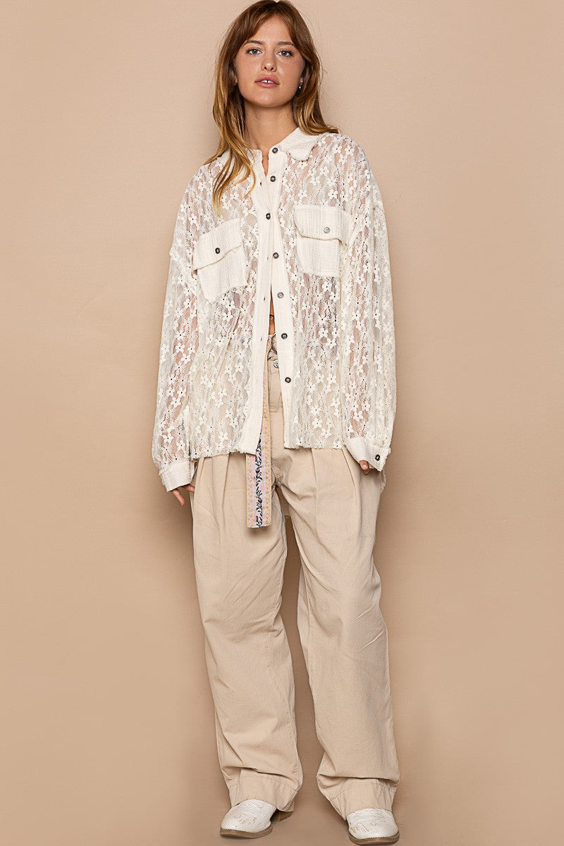 POL Oversize Relaxed Fit Pocket Front Lace Gauze Button Down Shirt