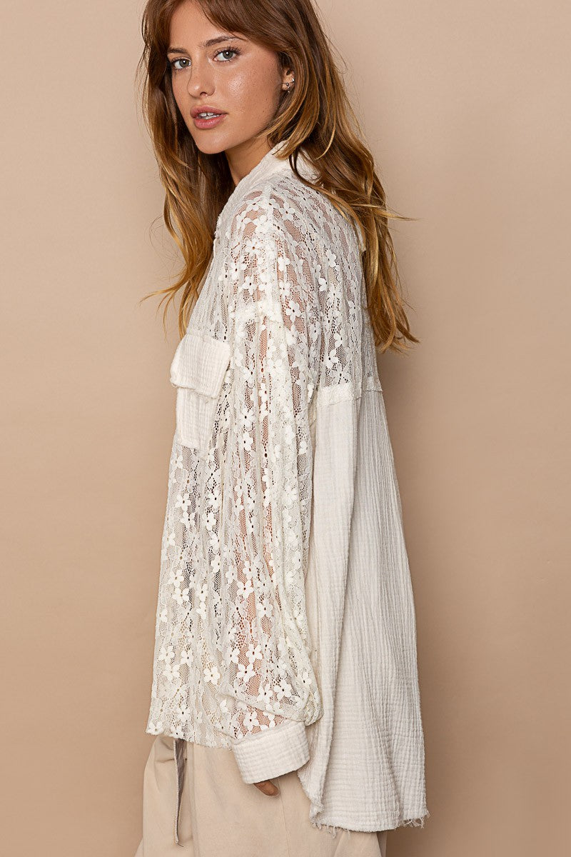 POL Oversize Relaxed Fit Pocket Front Lace Gauze Button Down Shirt