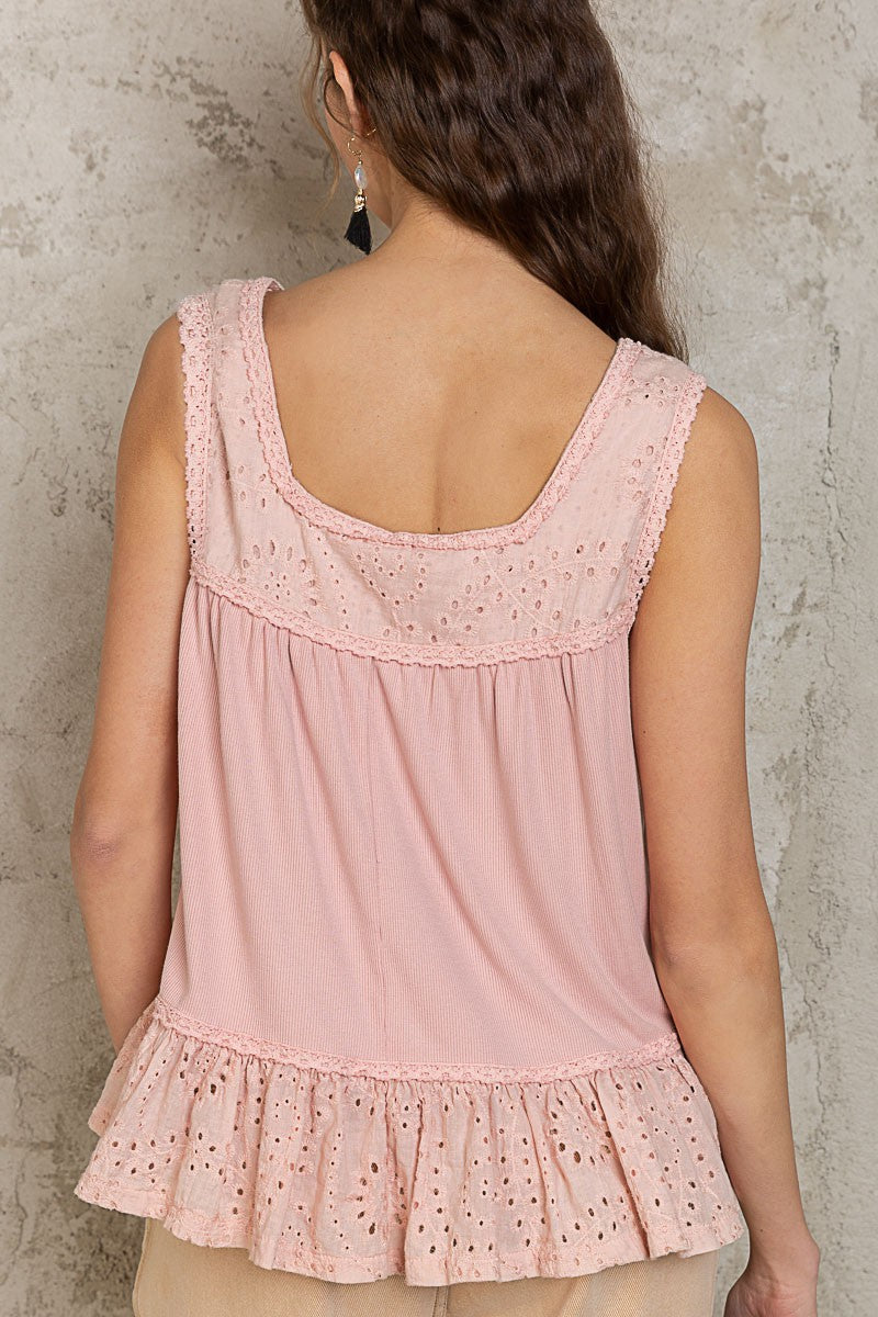POL Relaxed Eyelet Trim Detail Sleeveless Ribbed Top