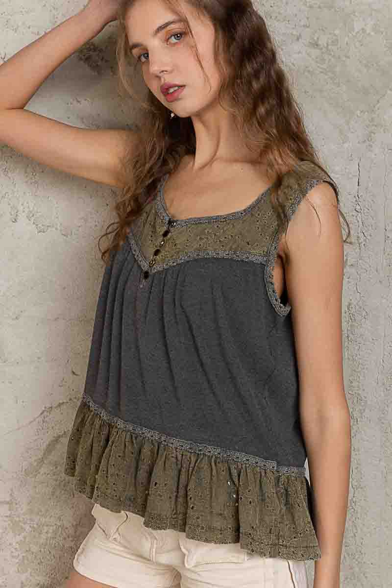 POL Relaxed Eyelet Trim Detail Sleeveless Ribbed Top