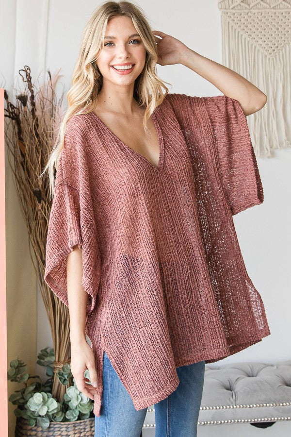 Oli & Hali Low Gauge Loose Fit Solid Knit V Neck Top