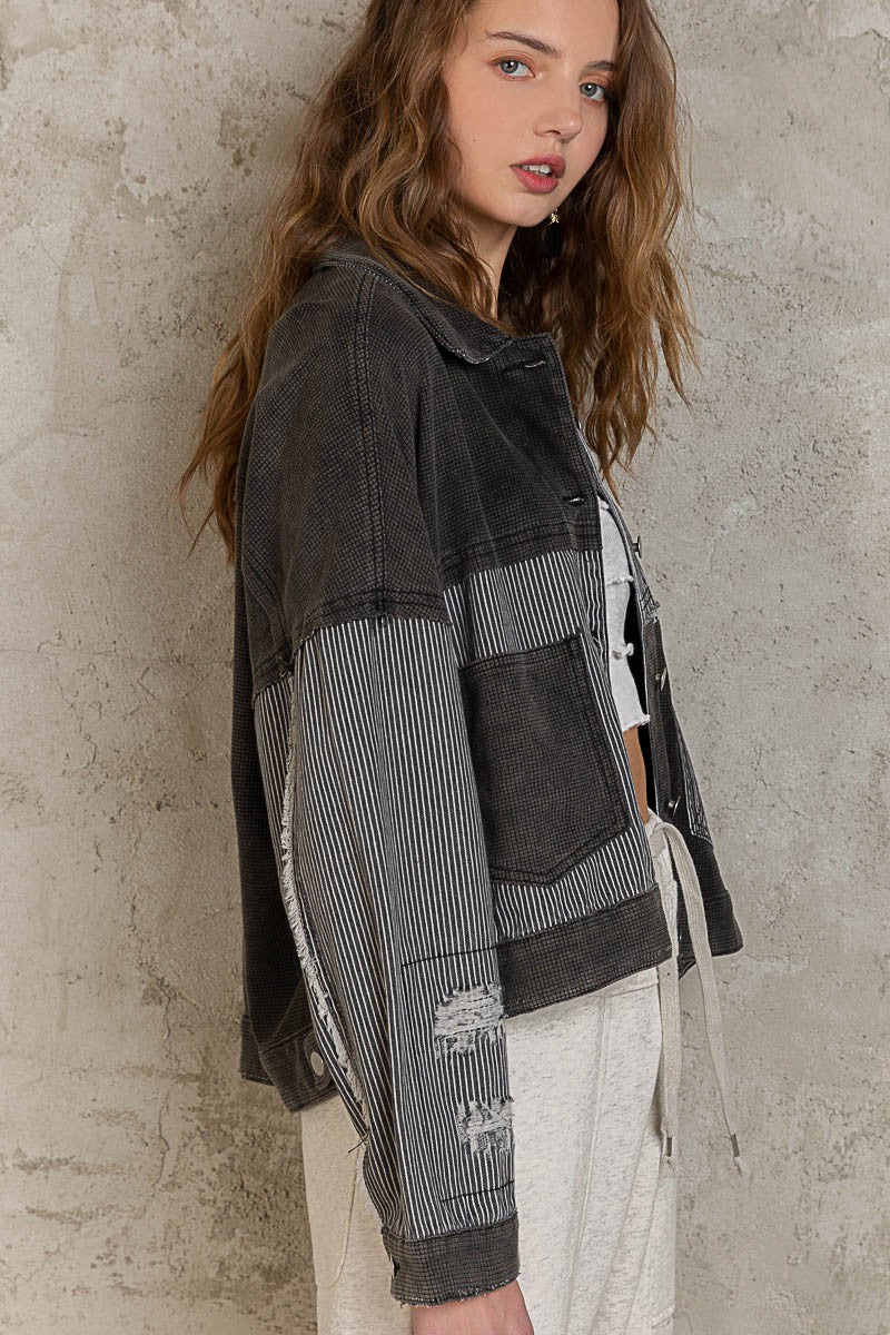 POL Contrast Pinstripe Fabric Button Down Shacket Jacket