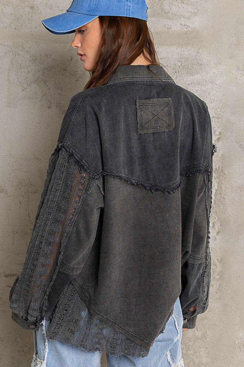 POL Oversize Thermal Contrast Lace Crochet Button Down Shirt Jacket