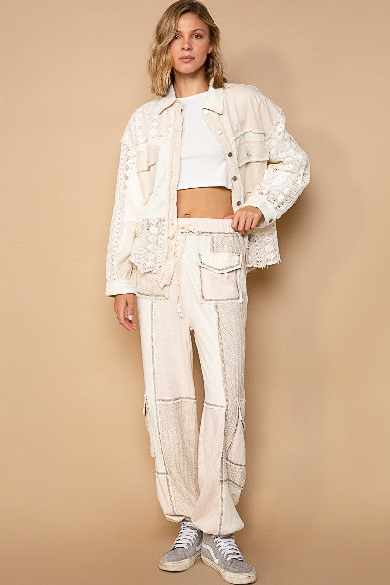 POL Oversize Contrast Lace Crochet Button Down Shirt Top