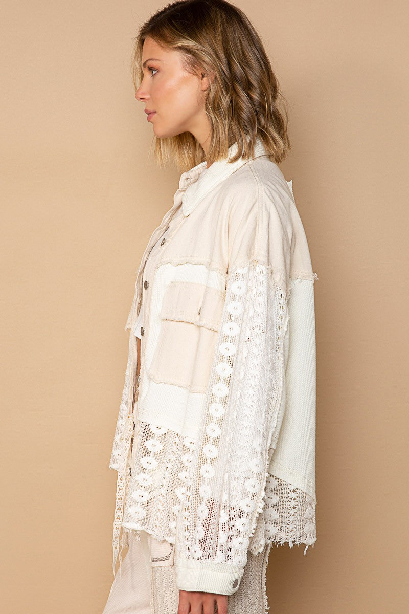 POL Oversize Contrast Lace Crochet Button Down Shirt Top