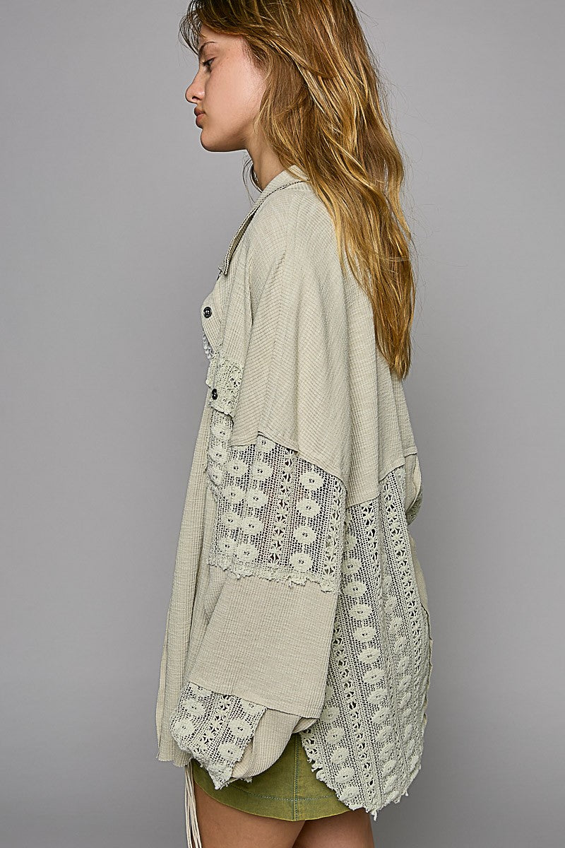 POL Lace Crochet Sleeve Button Down Slub Shirt Top