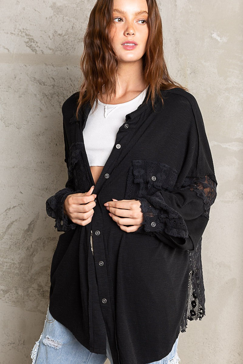 POL Lace Crochet Sleeve Button Down Slub Shirt Top