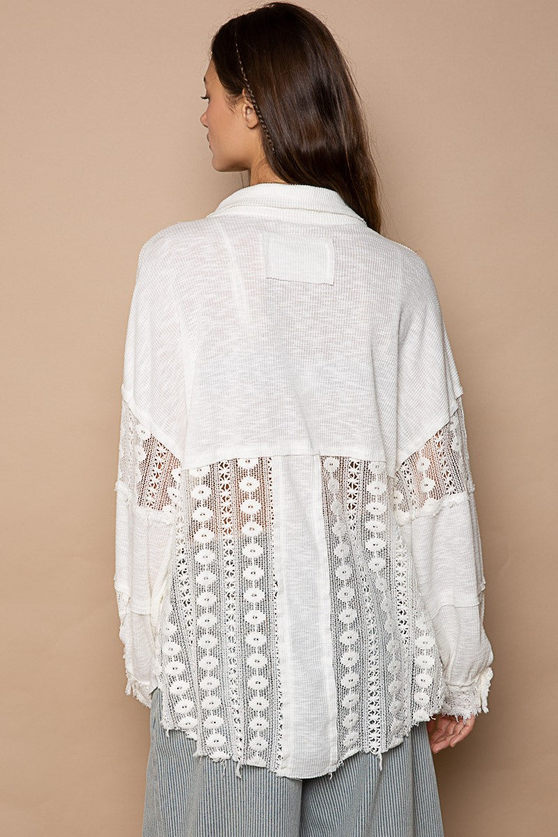 POL Lace Crochet Sleeve Button Down Slub Shirt Top