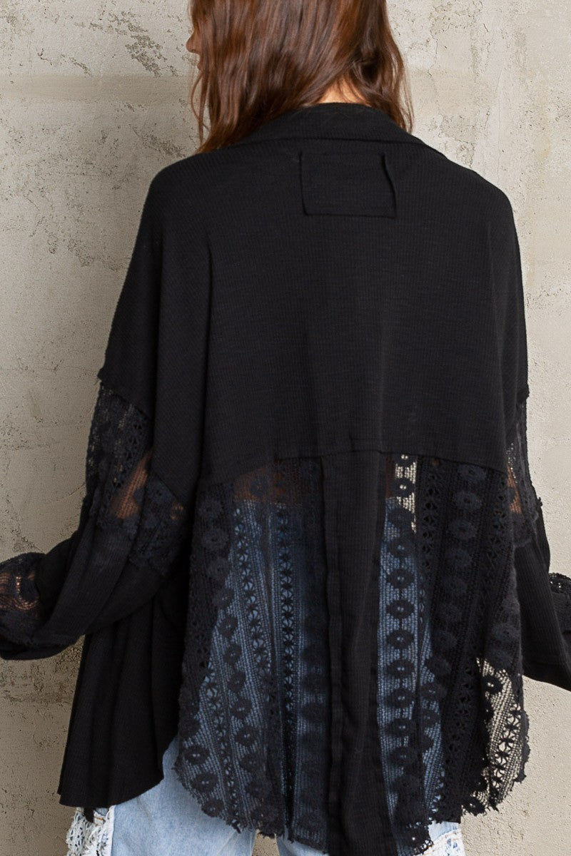 POL Lace Crochet Sleeve Button Down Slub Shirt Top