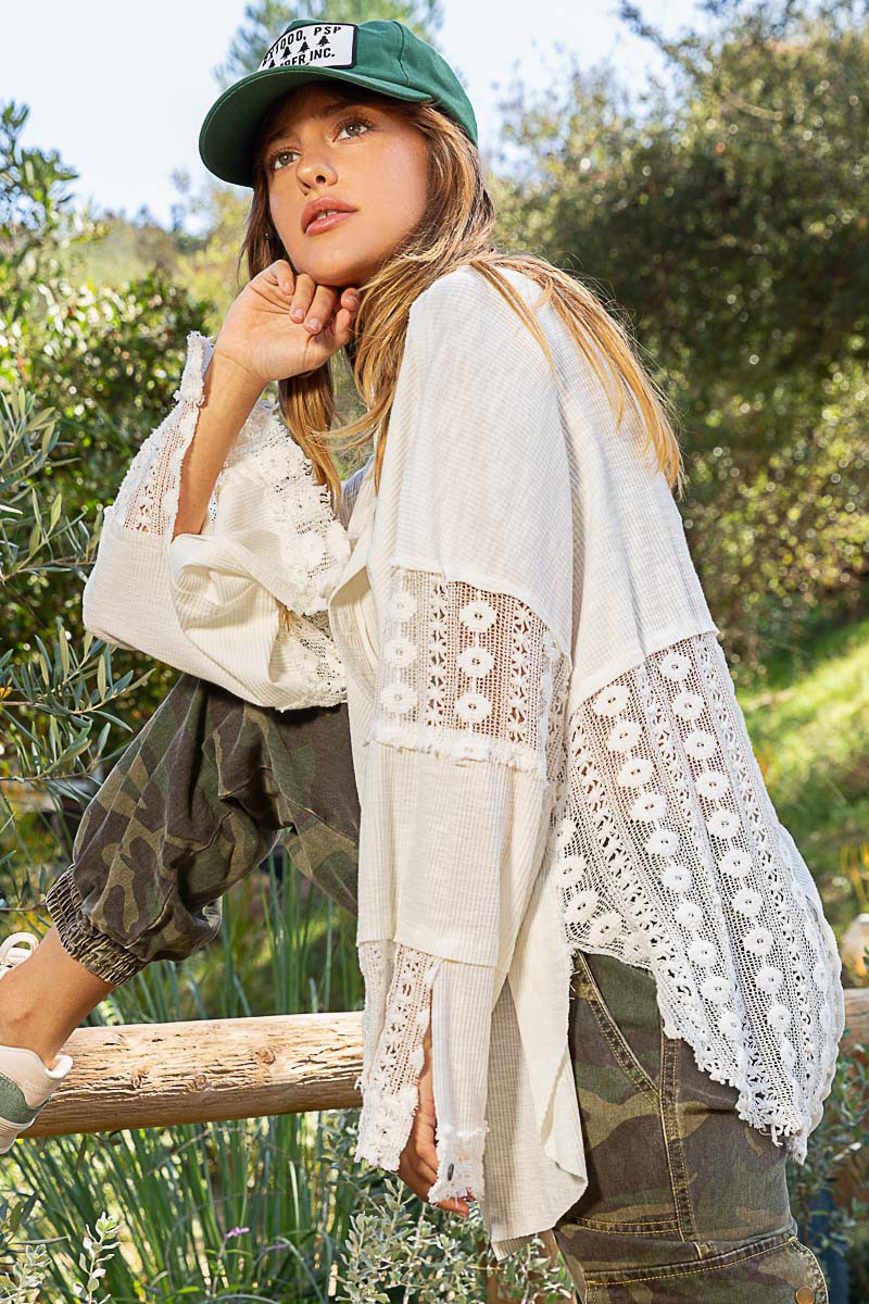 POL Lace Crochet Sleeve Button Down Slub Shirt Top