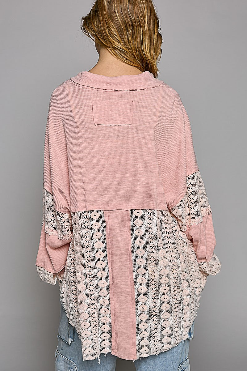POL Lace Crochet Sleeve Button Down Slub Shirt Top