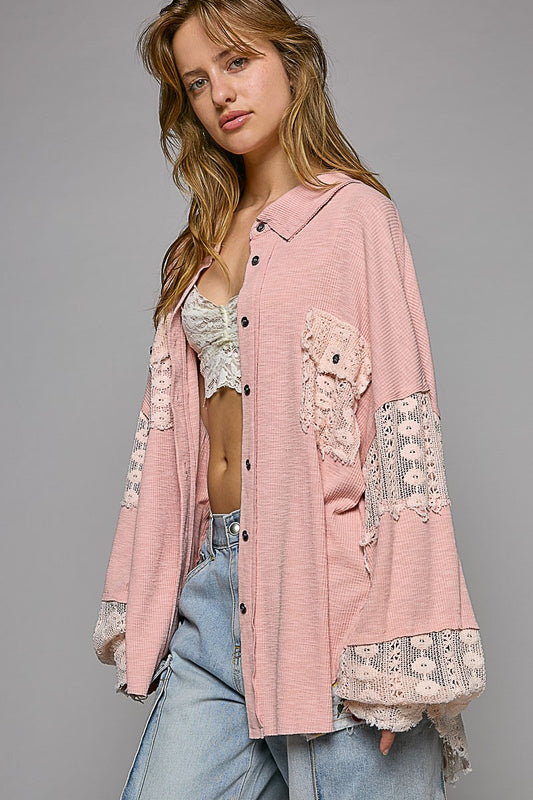 POL Lace Crochet Sleeve Button Down Slub Shirt Top