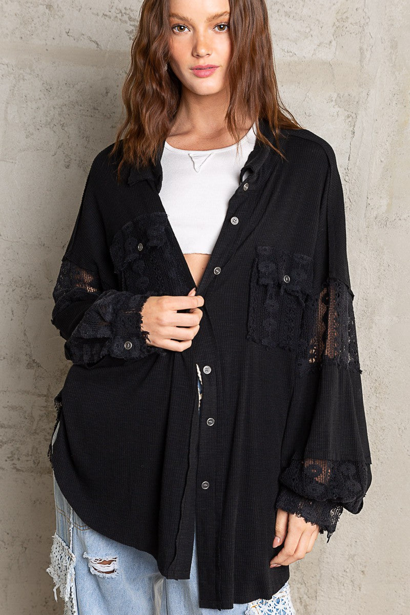 POL Lace Crochet Sleeve Button Down Slub Shirt Top