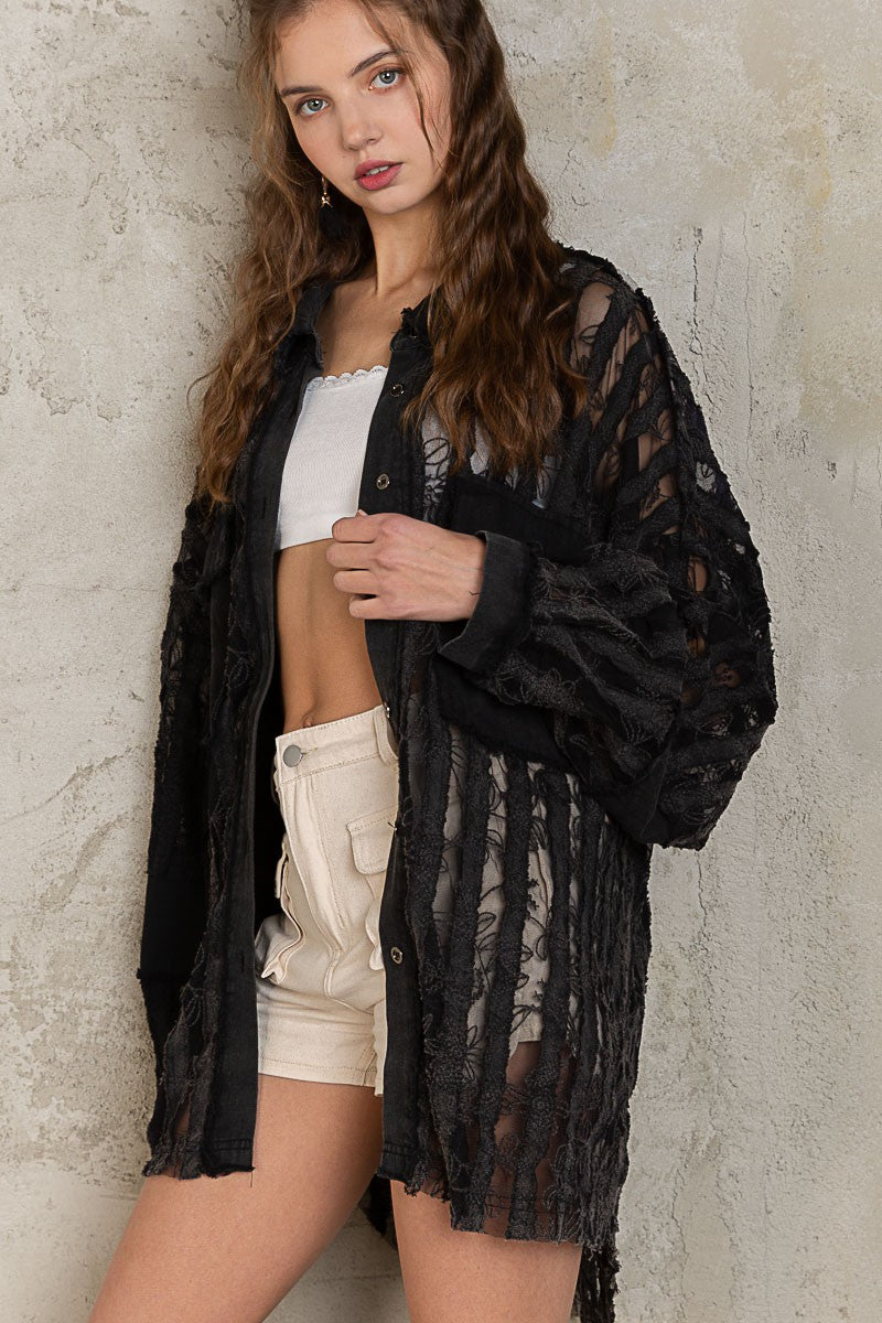 POL Sheer Lace Panels Oversize Button Down Shirt Top