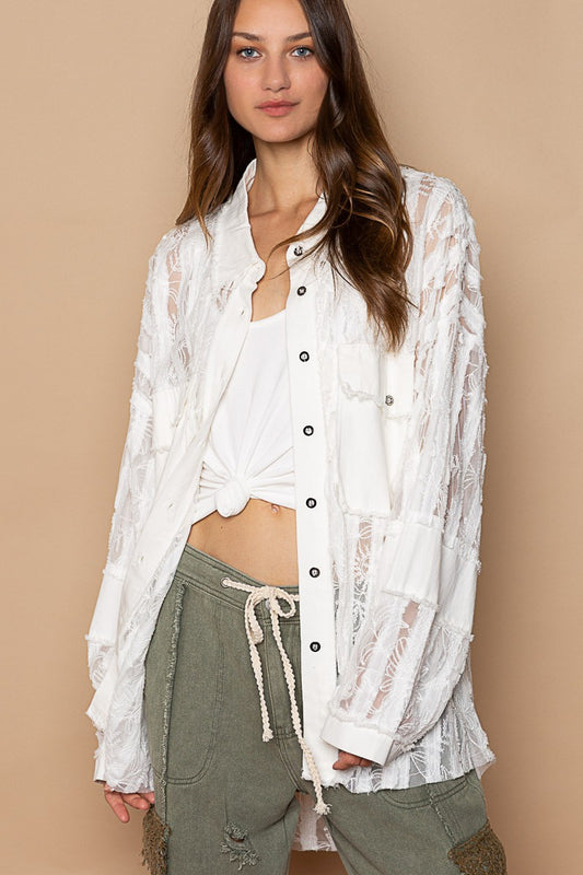 POL Sheer Lace Panels Oversize Button Down Shirt Top
