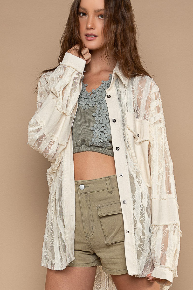 POL Sheer Lace Panels Oversize Button Down Shirt Top