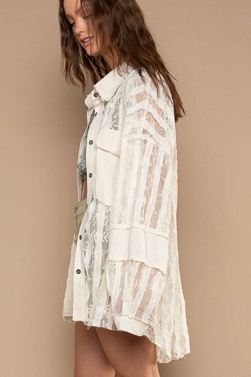 POL Sheer Lace Panels Oversize Button Down Shirt Top