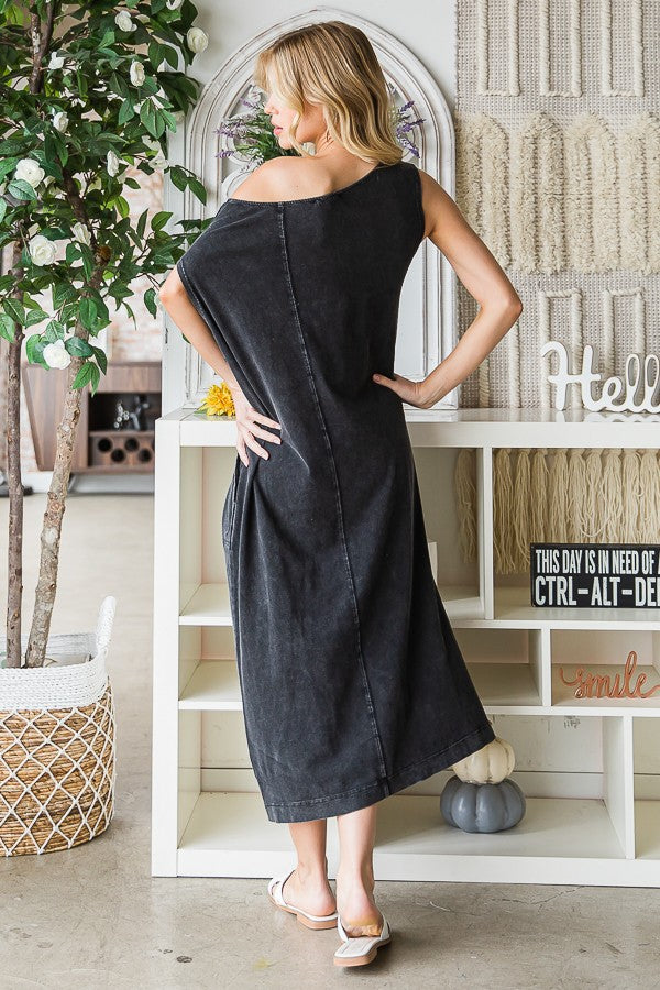 Oli & Hali Mineral Washed Midi Solid Side Pocket Dress