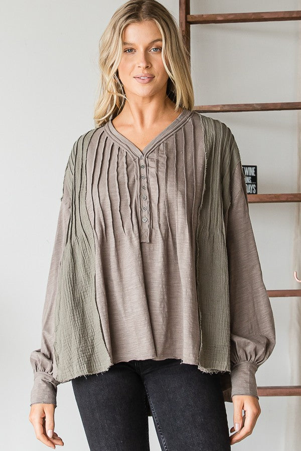 Oli & Hali Mineral Washed Pintuck Pleats Half Button Top