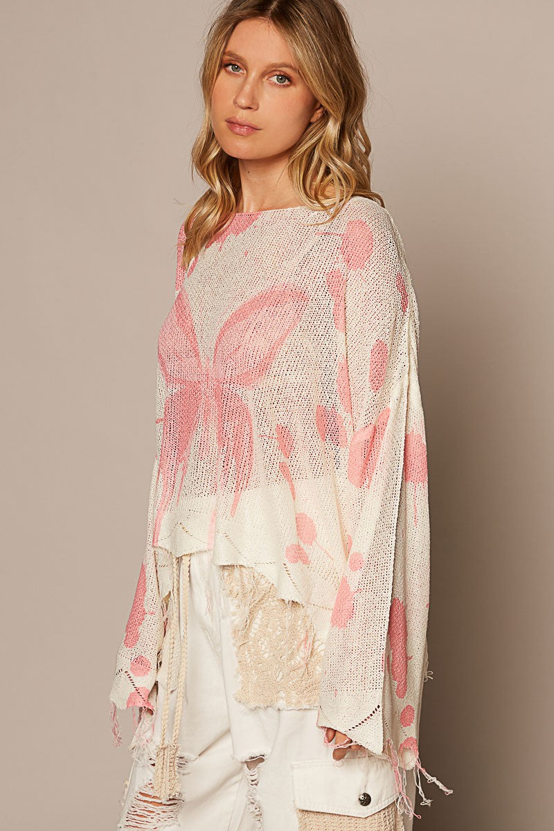 POL Oversize Butterfly Print Pullover Sweater Top