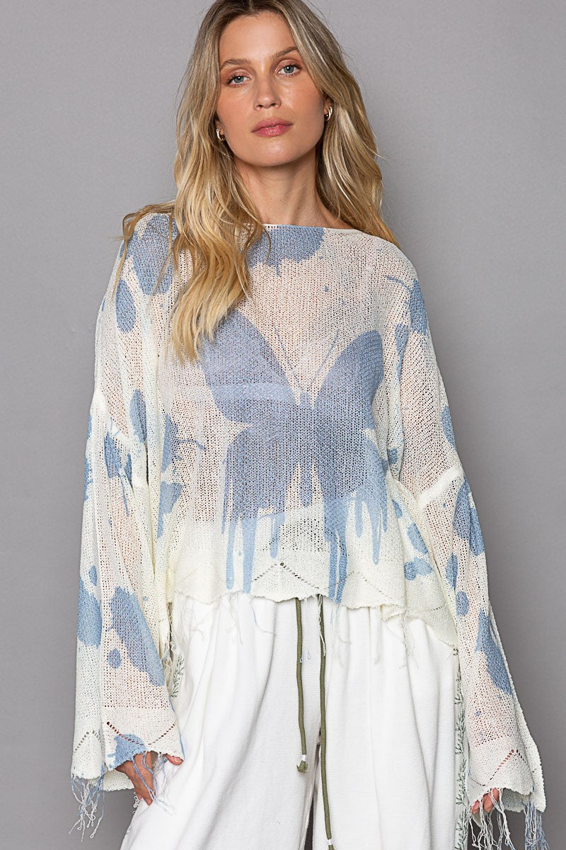 POL Oversize Butterfly Print Pullover Sweater Top